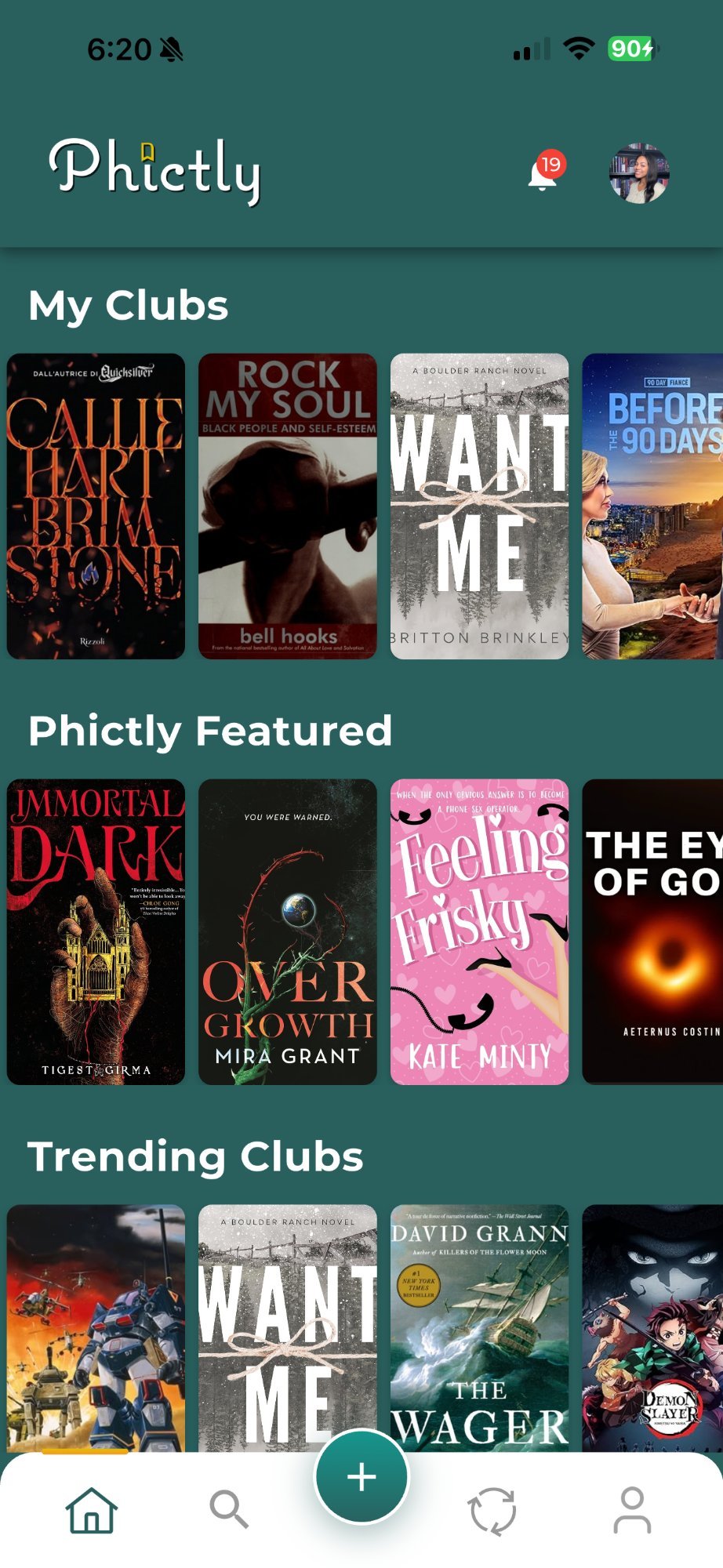 Phictly app home screen - book and TV show clubs