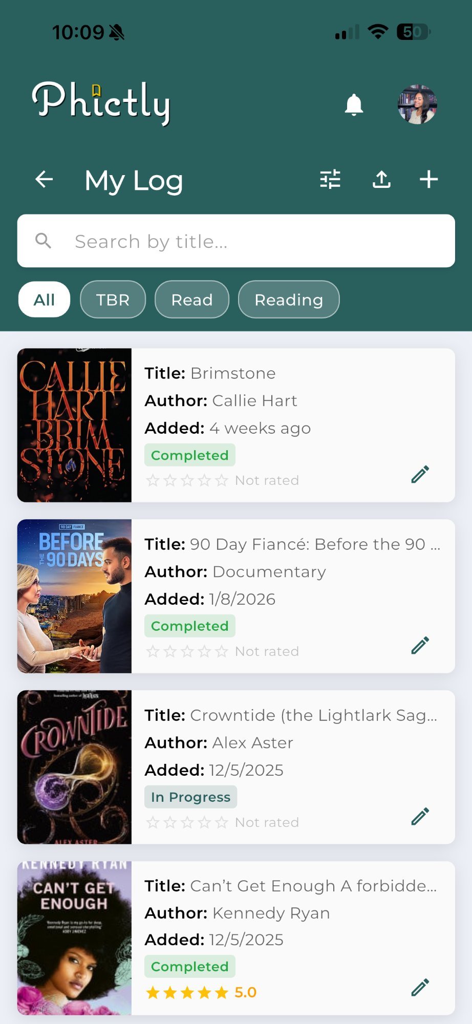 Phictly reading and watching log tracker